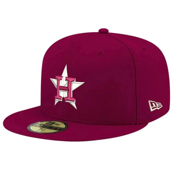 New Era Flat Bill Hat MLB Astros Logo White Re-Dub Fitted Cap Maroon 7 1/4 - Picture 1 of 6